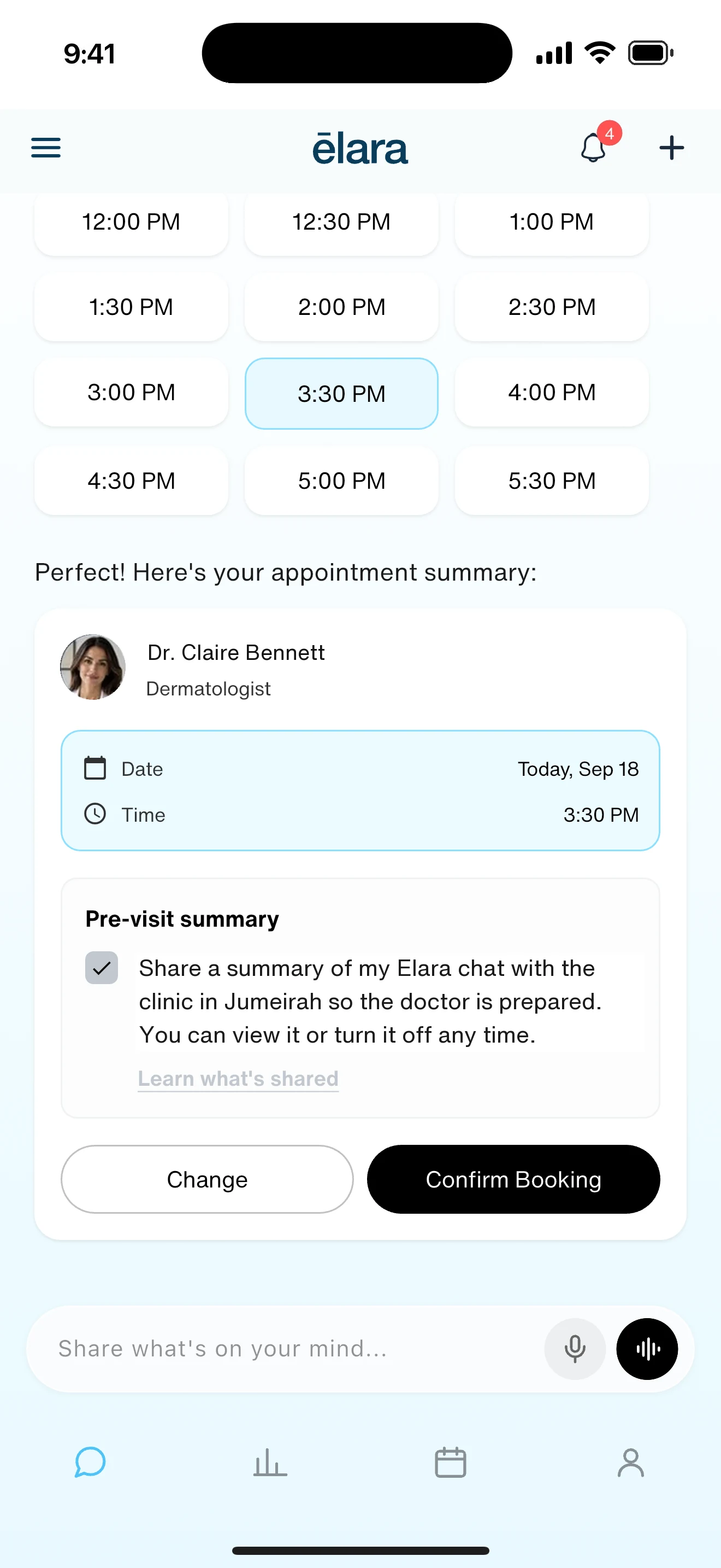 Appointment summary with a pre-visit summary for the clinic