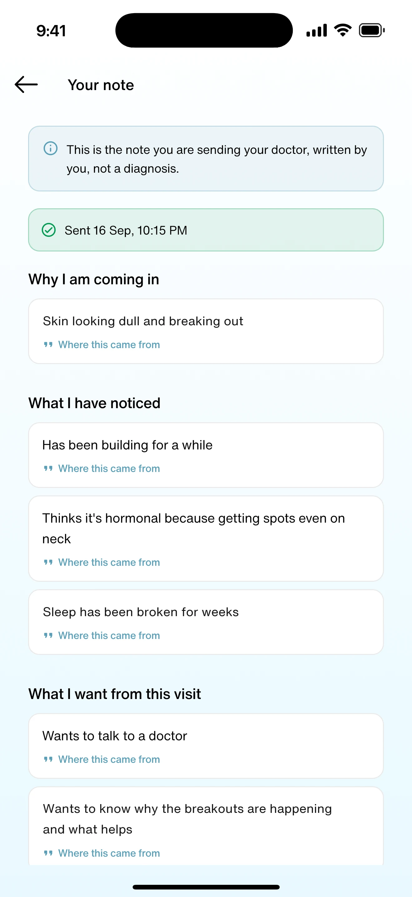 The pre-visit note, each line linking back to where it was said in the chat
